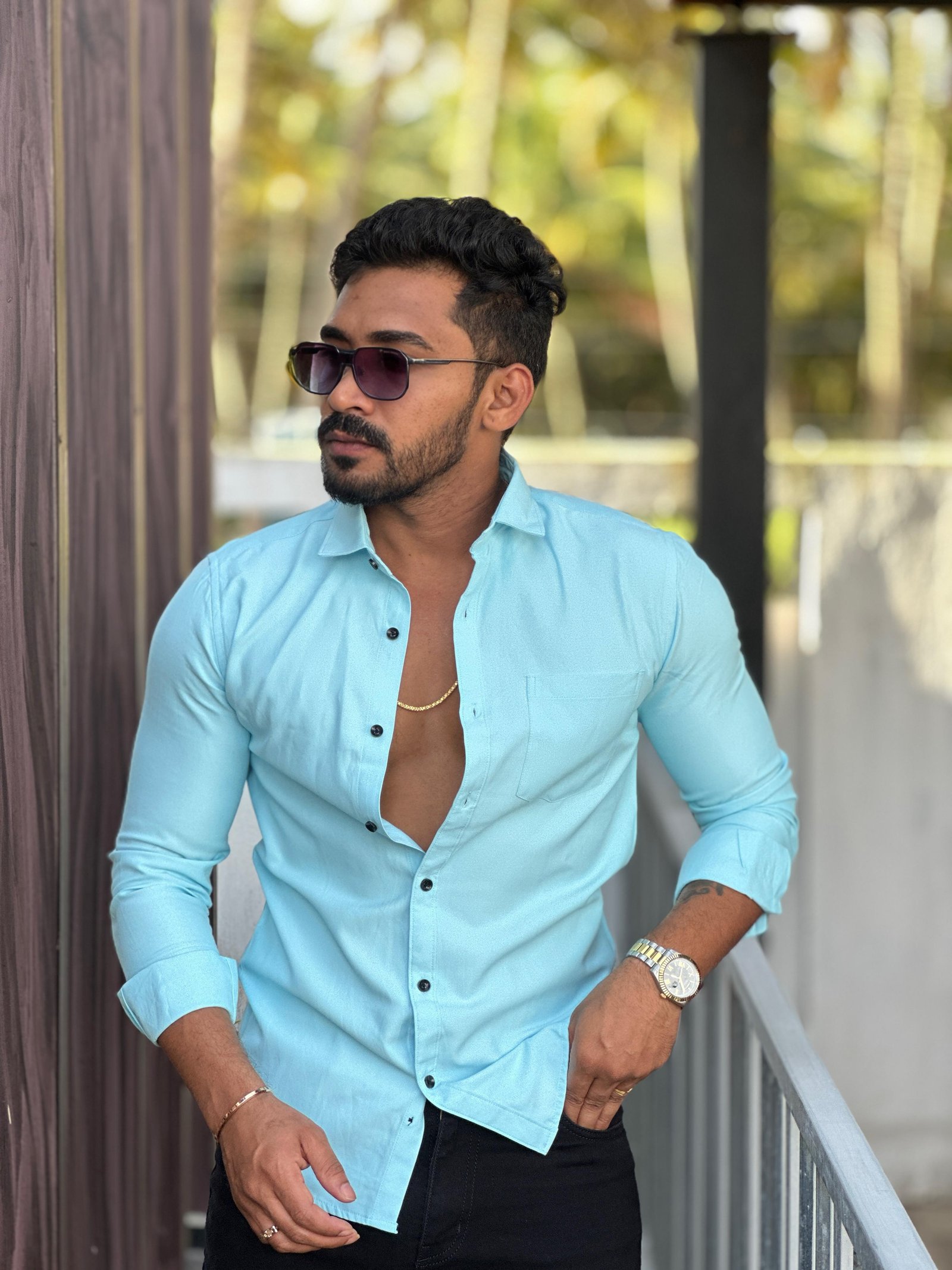 Electric Sky blue plain Twotone full sleeve shirt